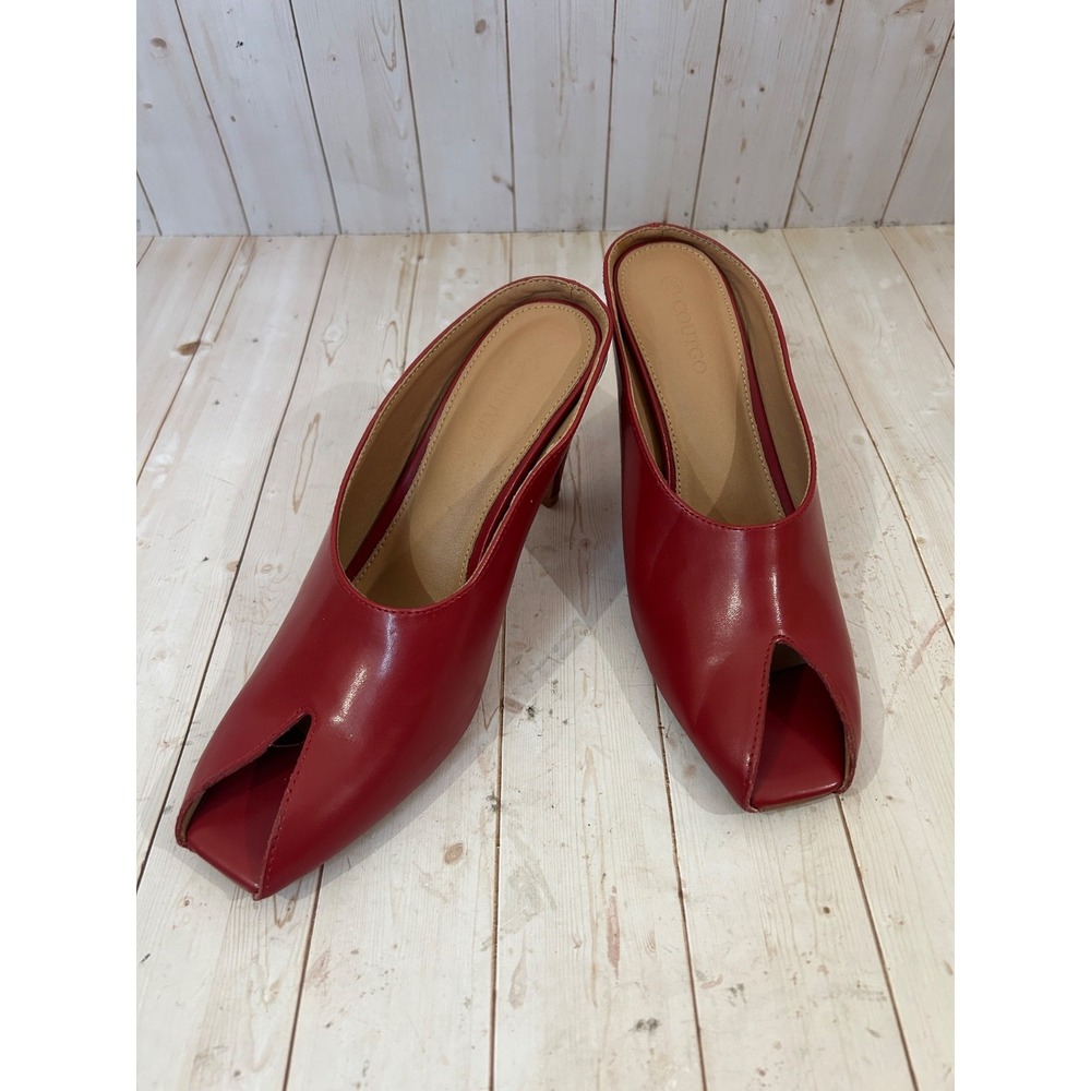 Coutgo Women Size 7.5 Red Peep Toe Mule Peep Toe Leather Heels